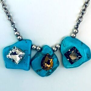 Turquoise Slabs Stone and Rhinestone Artisan Necklace
